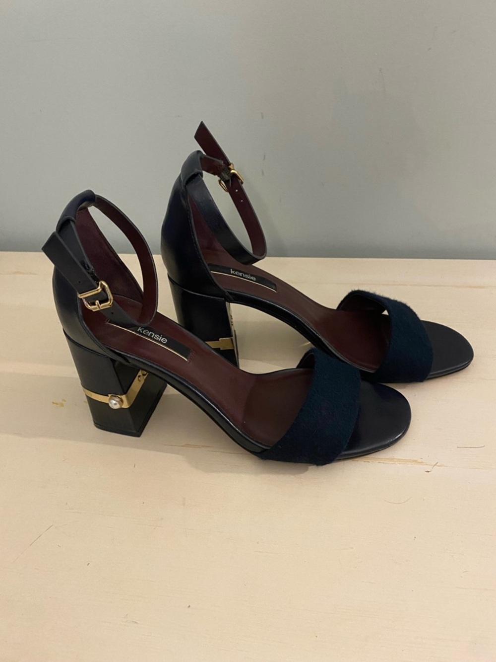 Kensie Navy Wool Block Heel Sandals with Gold Accent